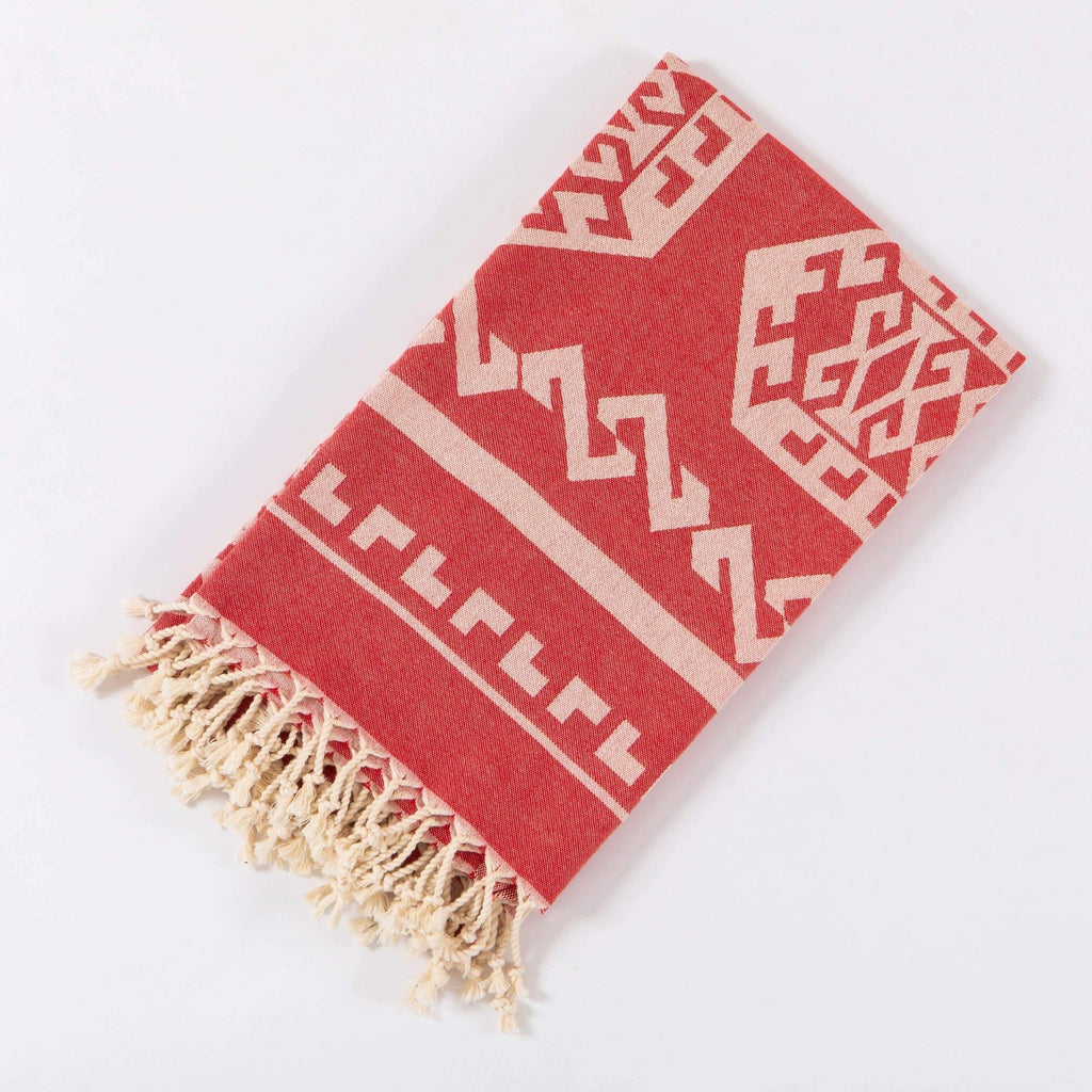 Red Aztec Rug Beach Towels by Hencely