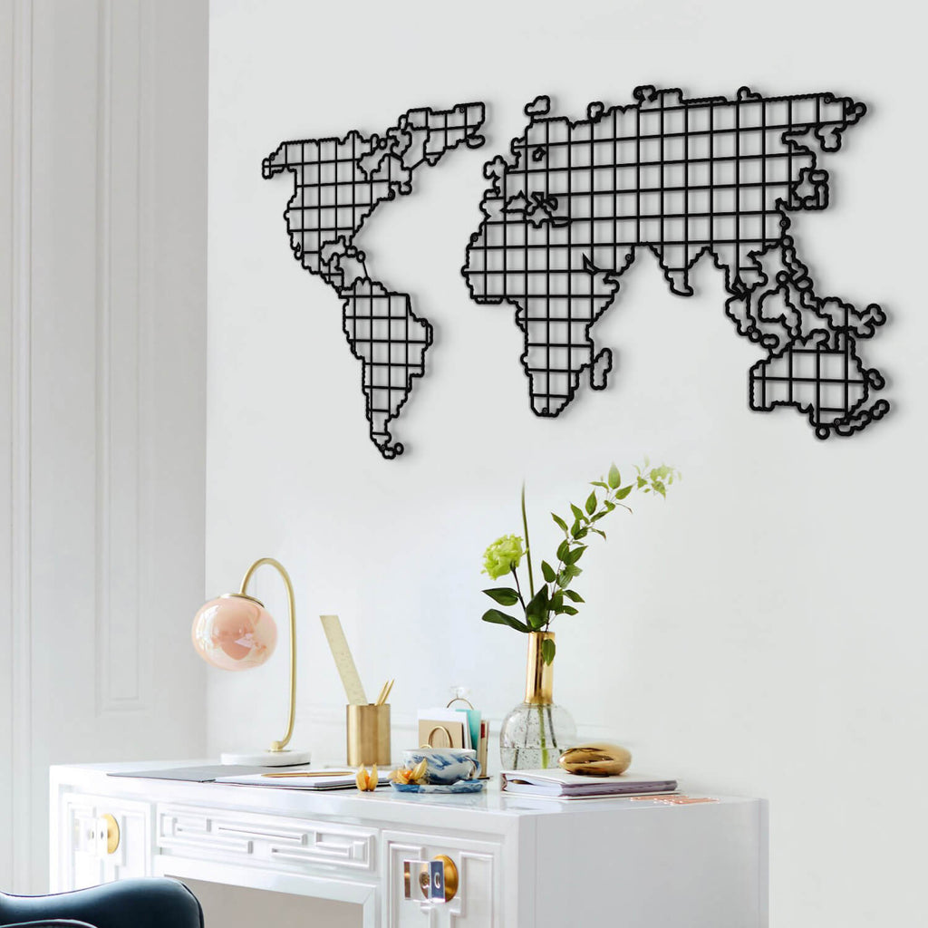 Grid World Map | World Map Metal Wall Panel | Grid Metal Wall Art Decor - Hencely