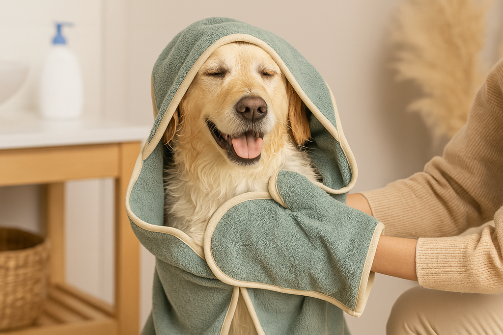 Wide hero banner showing a happy golden retriever being dried with a soft microfiber towel in a cozy indoor setting, with stacked Turkish cotton towels nearby.