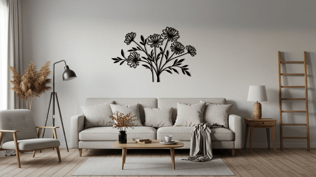 Black metal floral wall art hanging above a modern beige sofa in a bright living room – stylish home decor design