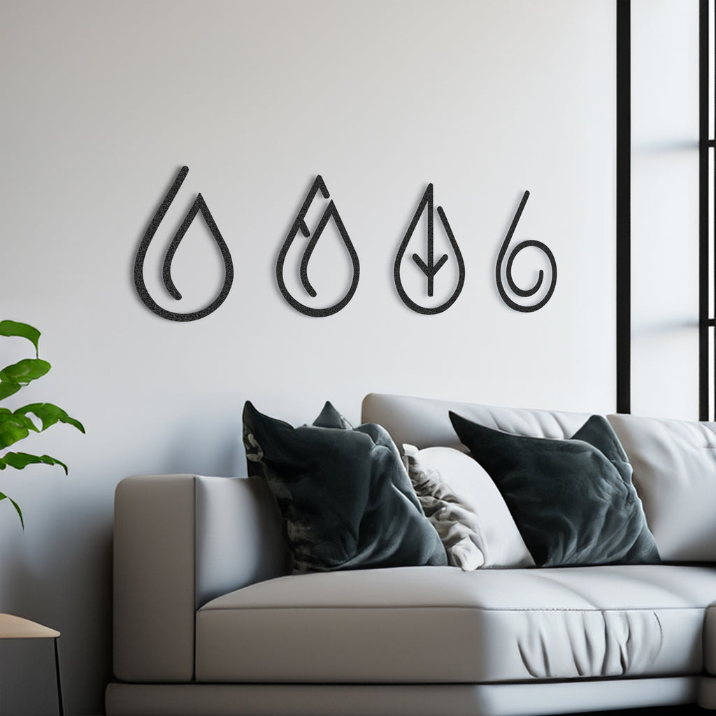 4 Elements black metal wall art arranged in a linear row above sofa—modern minimalist decor.