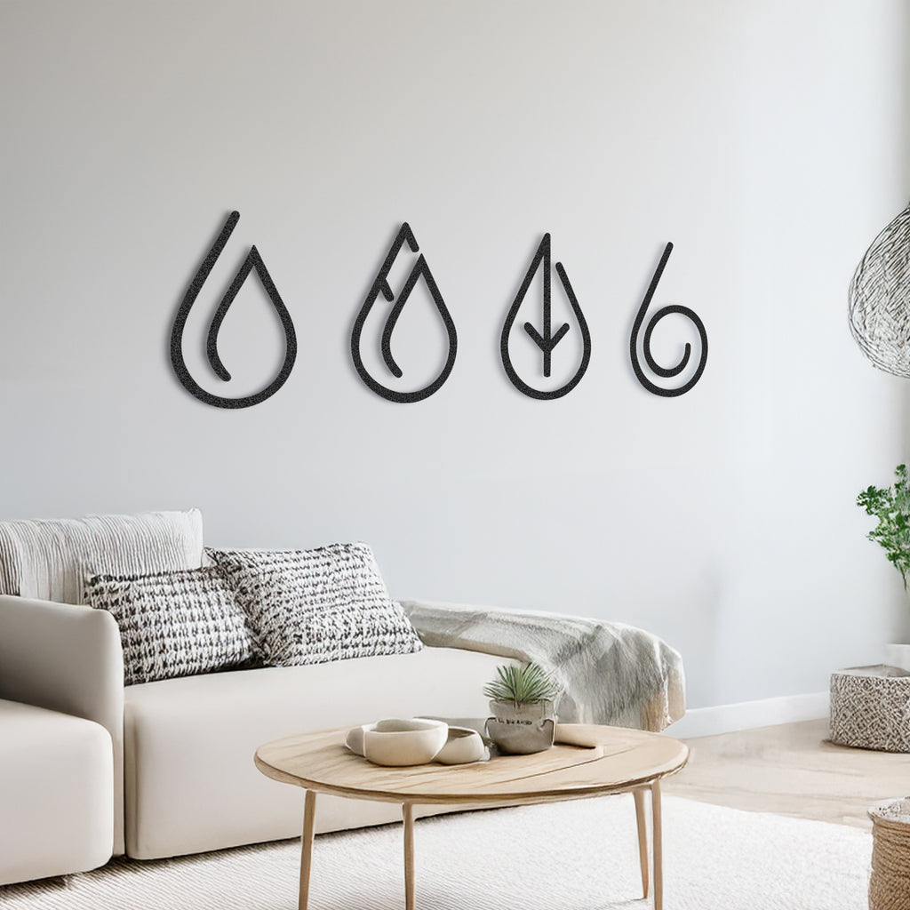 4 Elements Metal Wall Art set in matte black—teardrop symbols for water, fire, earth, air displayed in modern living room.
