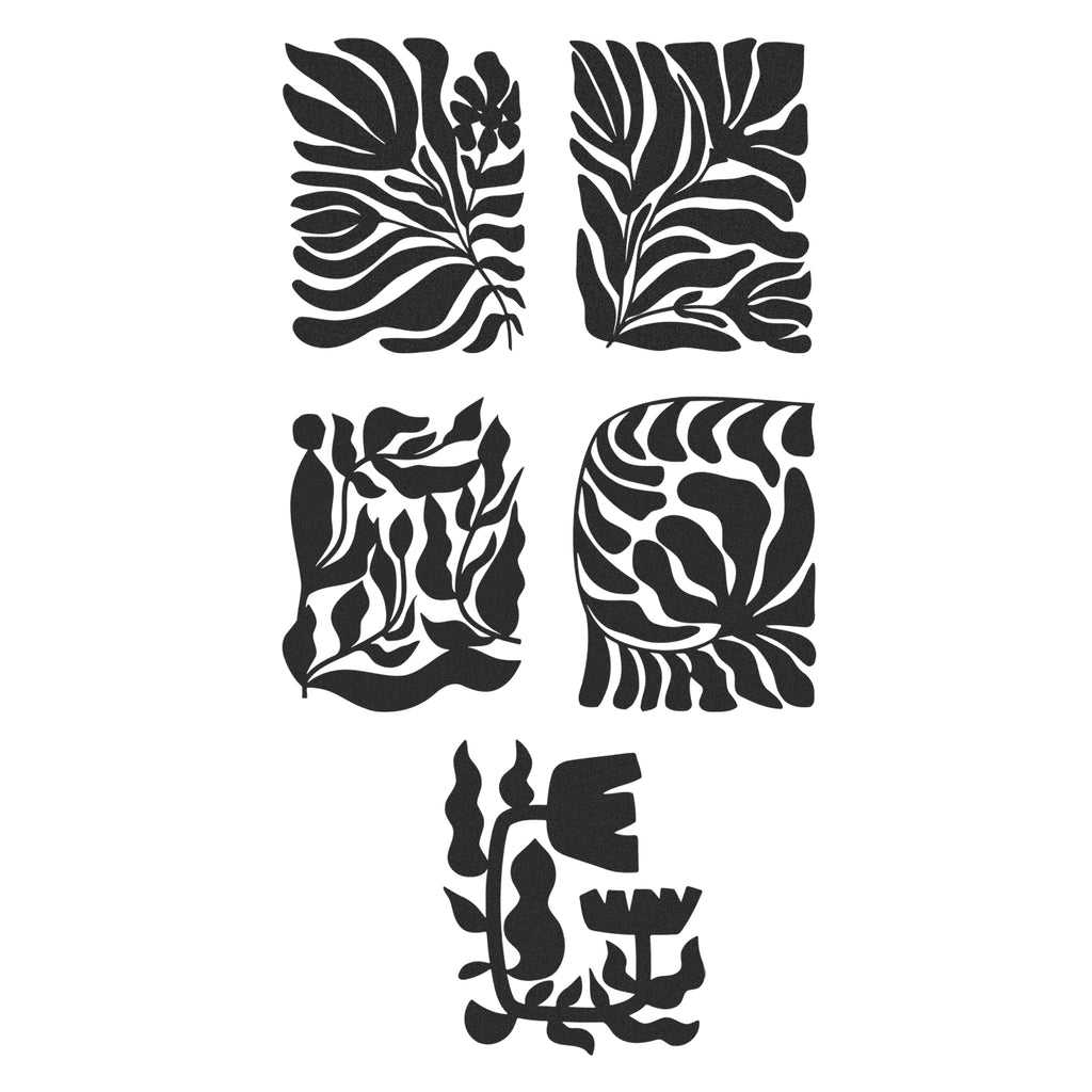 Close-up of abstract botanical line panels – matte black steel wall art decor.