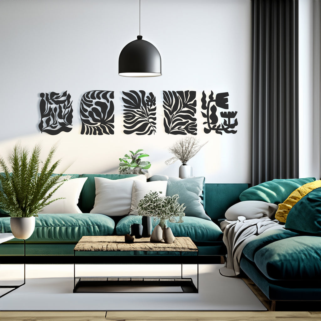 Abstract Botanical Shapes Metal Wall Art Set – 5 unique panels arranged on wall above sofa