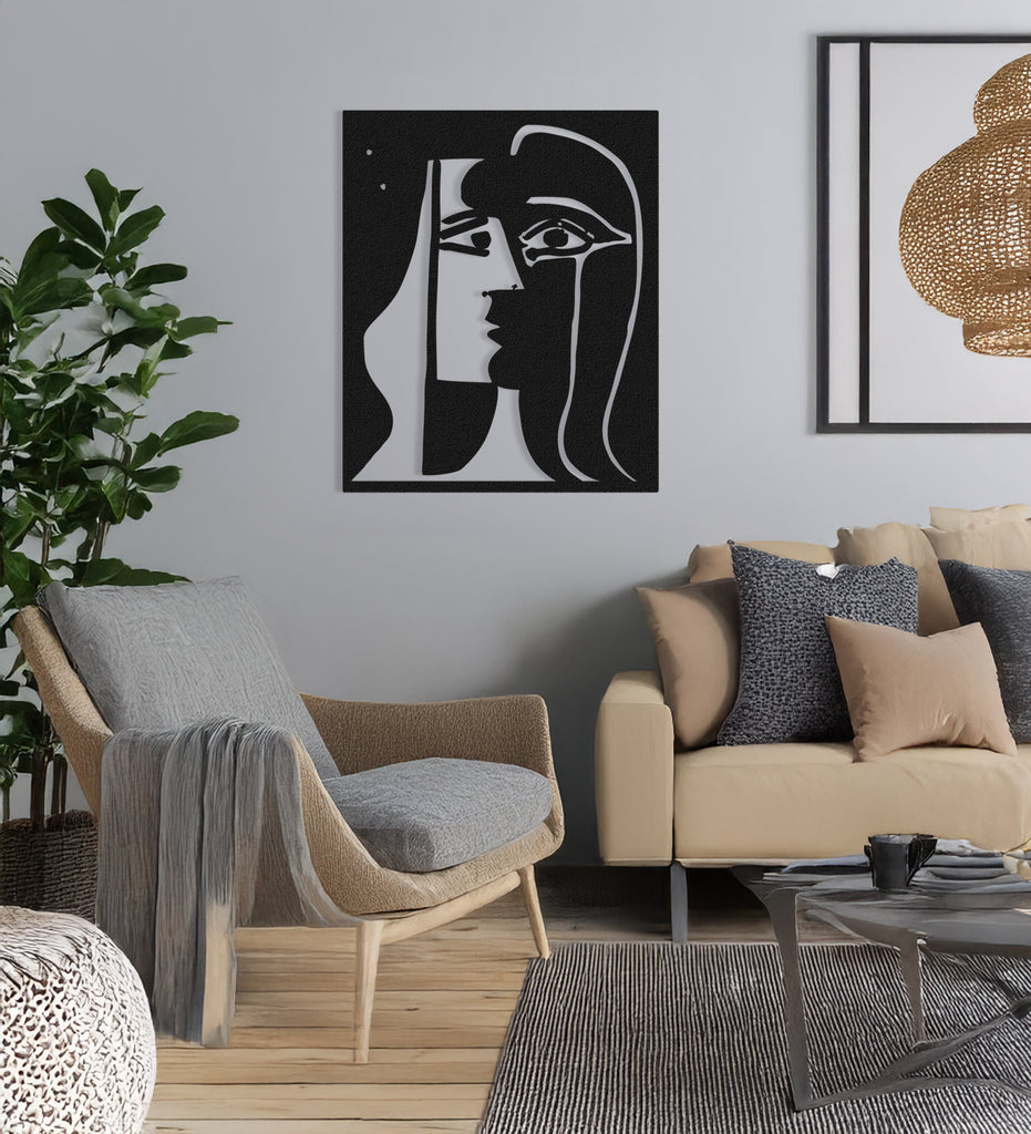 Abstract face black metal wall art in Picasso-inspired style – modern wall decor for living room.