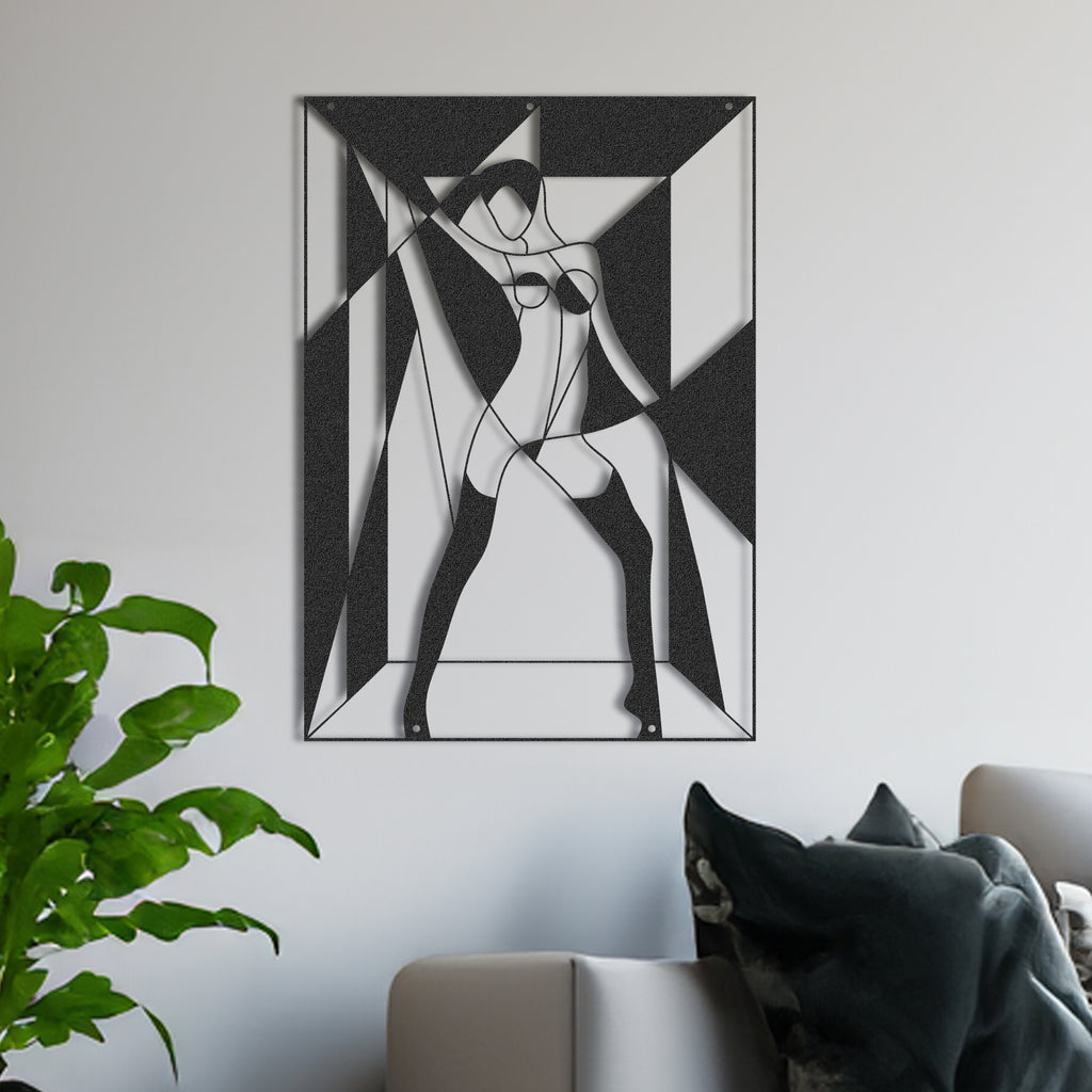 Black geometric silhouette wall art featuring feminine figure