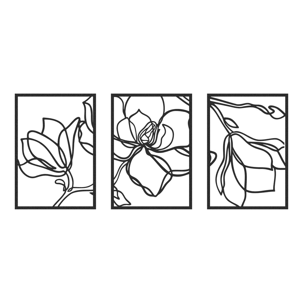 Abstract flower line art in black metal, 3-piece wall decor set.