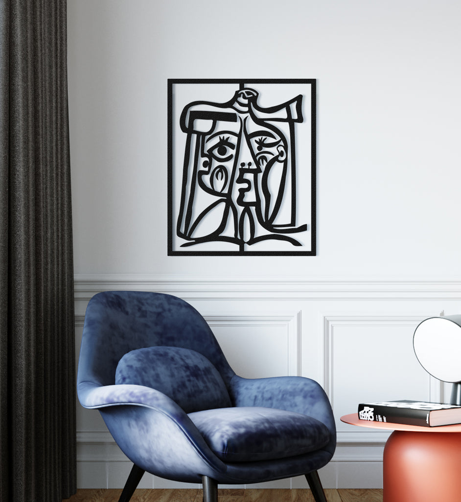 Close-up of Abstract Picasso-Inspired Face Metal Wall Art – Black with artistic detail
