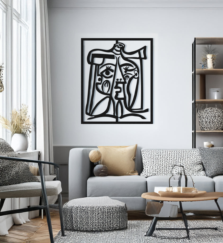 Abstract Picasso-Inspired Face Metal Wall Art – Black hanging in living room
