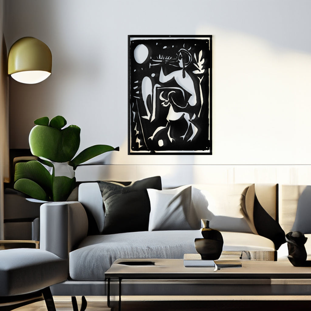 Abstract surrealist faun metal wall decor in matte black finish