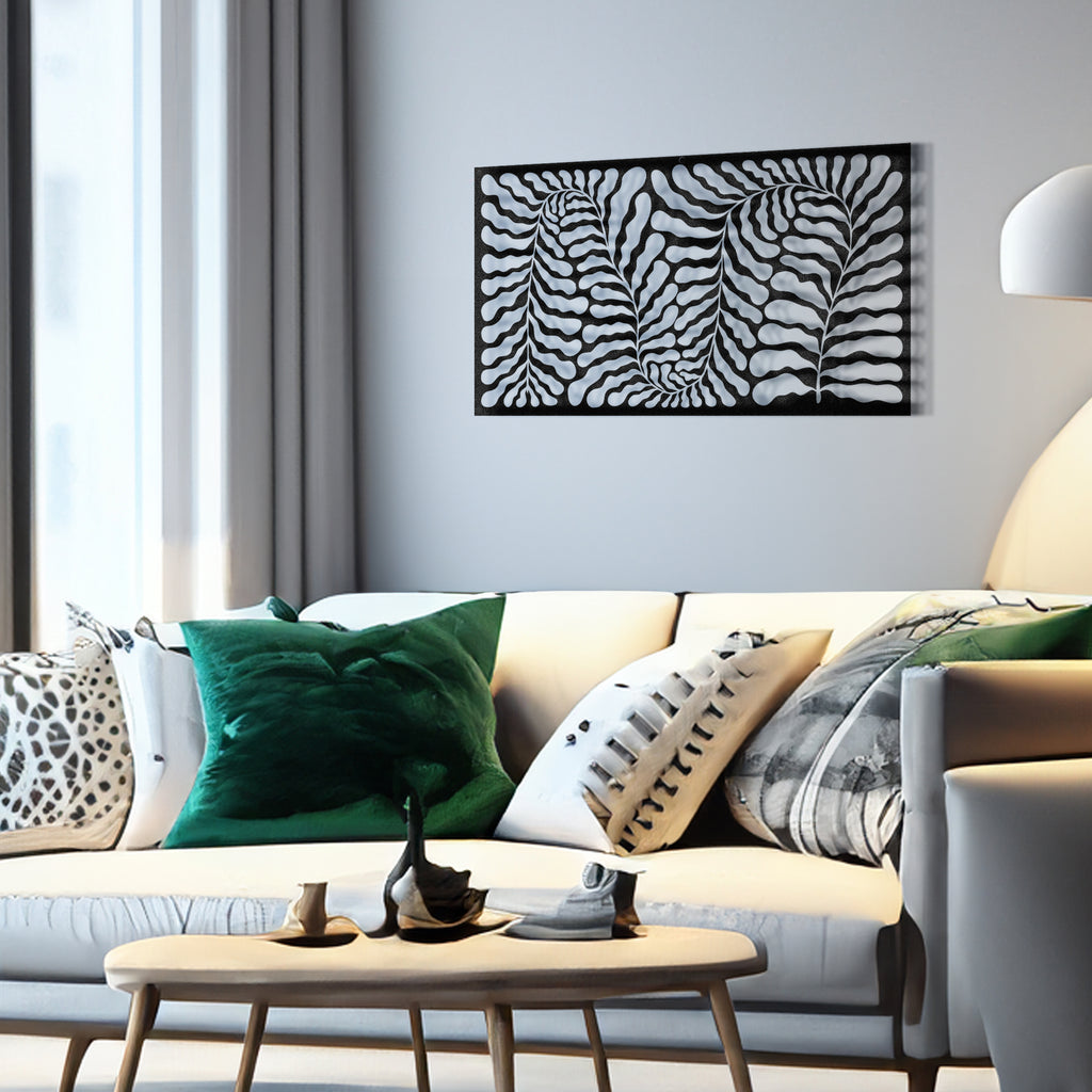 Abstract waves black metal wall art hanging above a modern sofa with plants.