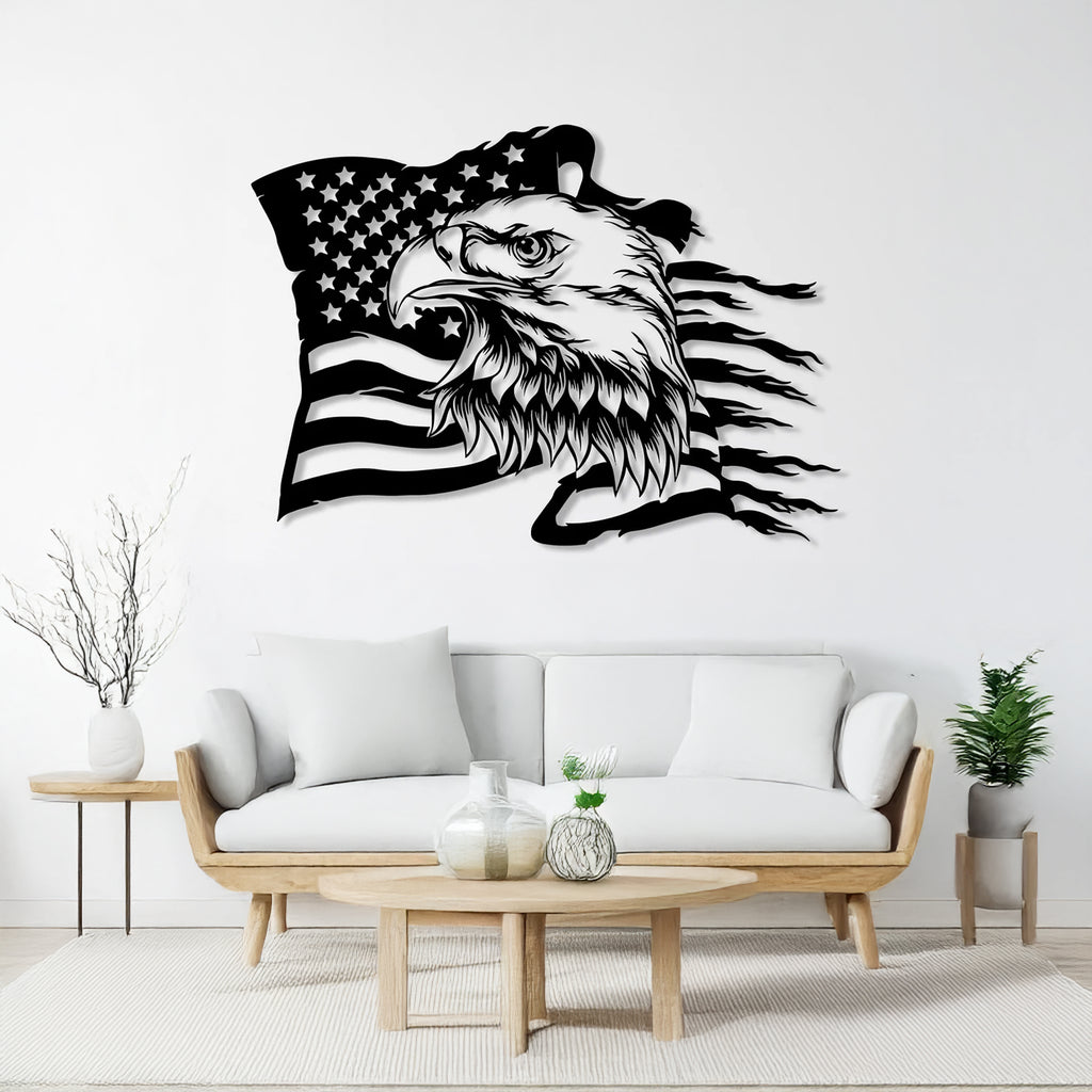 American eagle and U.S. flag metal wall art displayed in living room