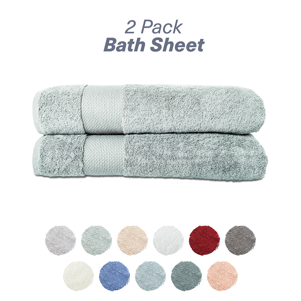 A set of two folded gray bath sheets with a label indicating '2 Pack Bath Sheet'. Below the image, a color palette shows various solid colors available for the product.