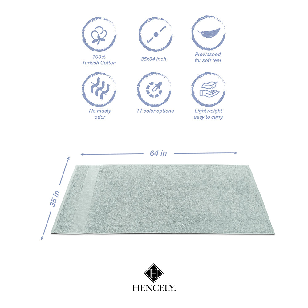 Light green Turkish cotton bath sheet set with dimensions 35x64 inches, infographic icons highlighting quick dry, odor-free, prewashed softness, 11 color options, and lightweight design.