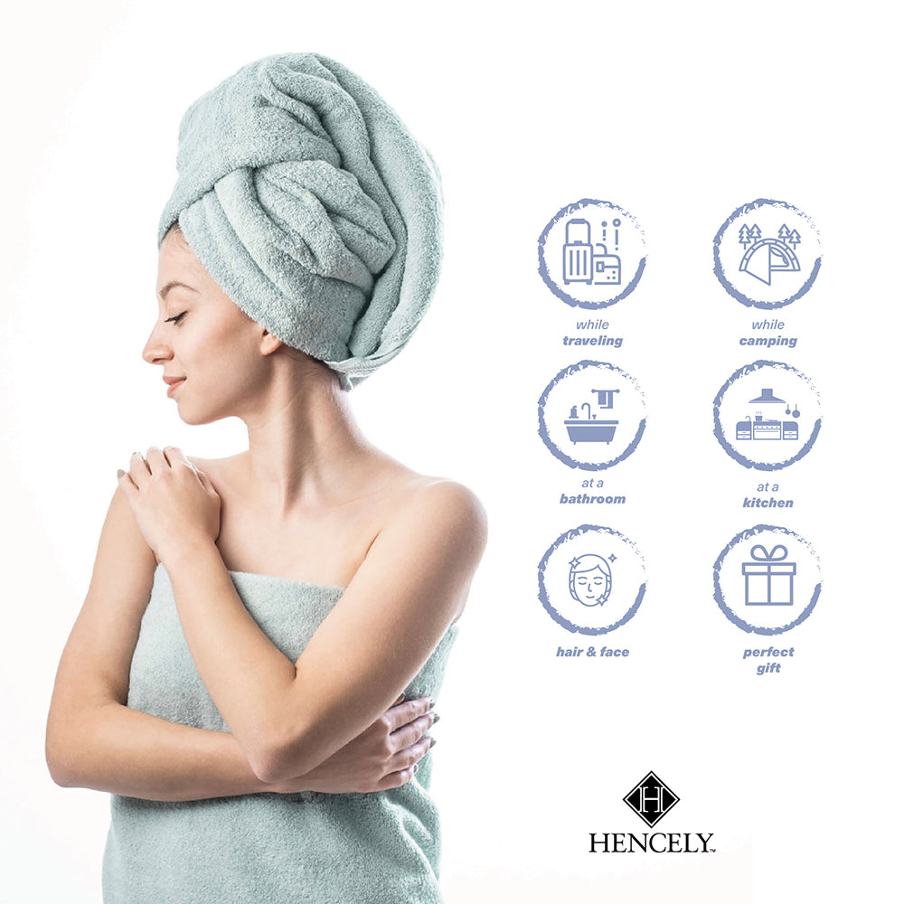 Woman wrapped in a light green Turkish cotton bath sheet with matching towel on her head, infographic icons showing versatile uses for travel, camping, bathroom, kitchen, hair care, and as a gift.