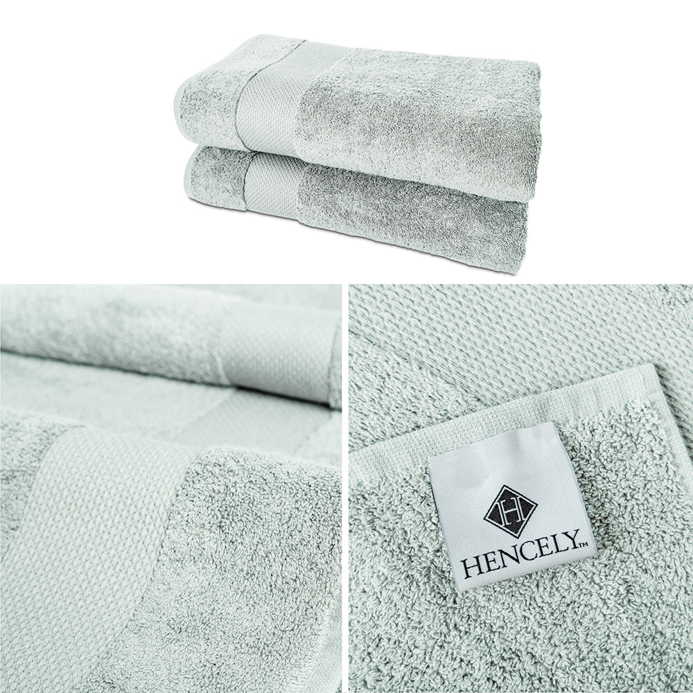 Light green Turkish cotton bath sheet set of 2 with close-up views of fabric texture and Hencely brand label for quality assurance.