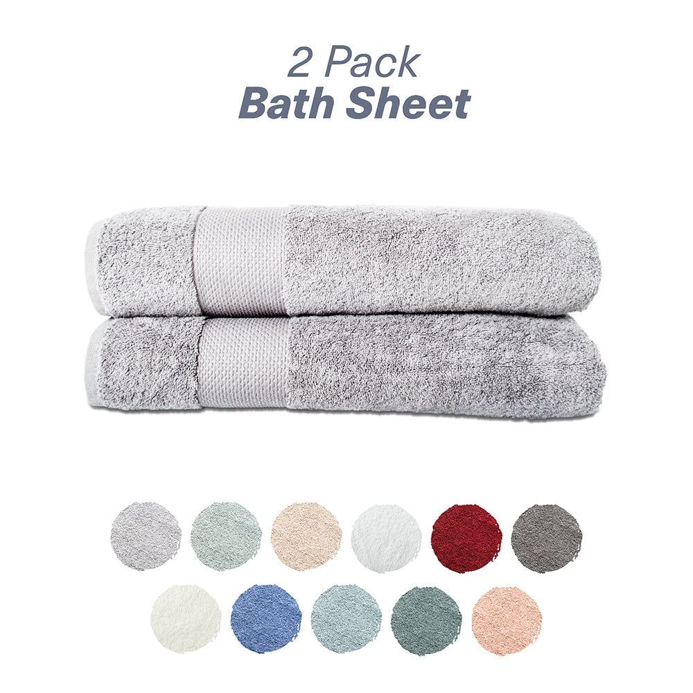 A set of two folded silver bath sheets with a label indicating '2 Pack Bath Sheet'. Below the image, a color palette shows various solid colors available for the product.
