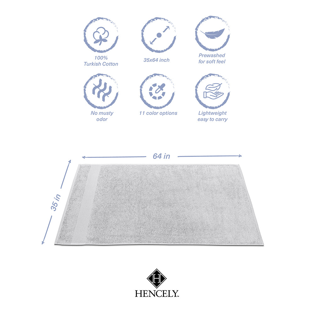 Infographic showing features of Hencely’s oversized silver bath sheets — quick-dry, absorbent, soft, and durable.