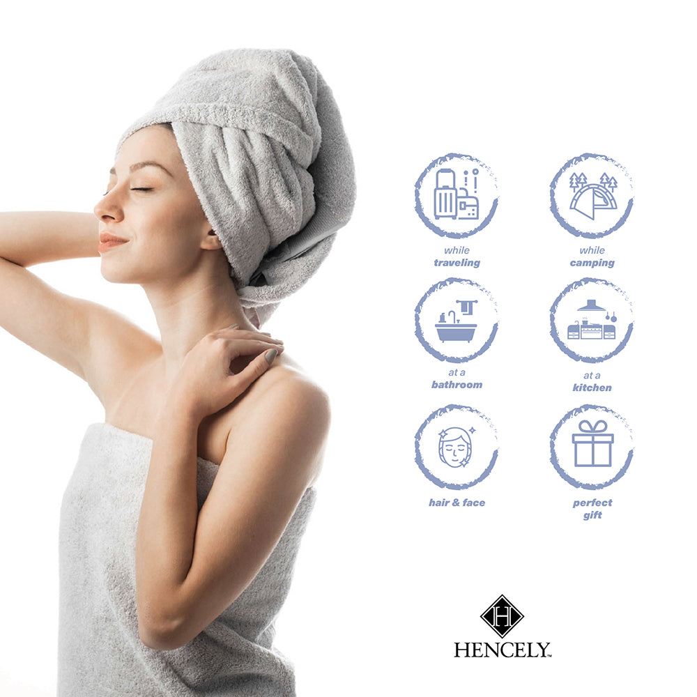 Woman wrapped in a silver Turkish cotton bath sheet with matching towel wrap, infographic icons showing versatile use for travel, camping, bathroom, kitchen, hair, and gifting.