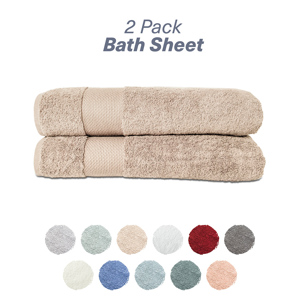 A set of two folded beige bath sheets with a label indicating '2 Pack Bath Sheet'. Below the image, a color palette shows various solid colors available for the product.