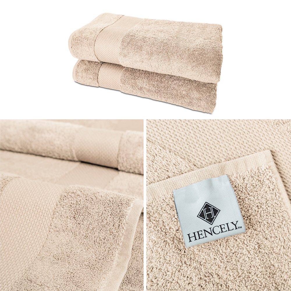 Set of two beige Turkish cotton bath sheets shown folded, with close-up shots highlighting the textured weave and the Hencely brand label.