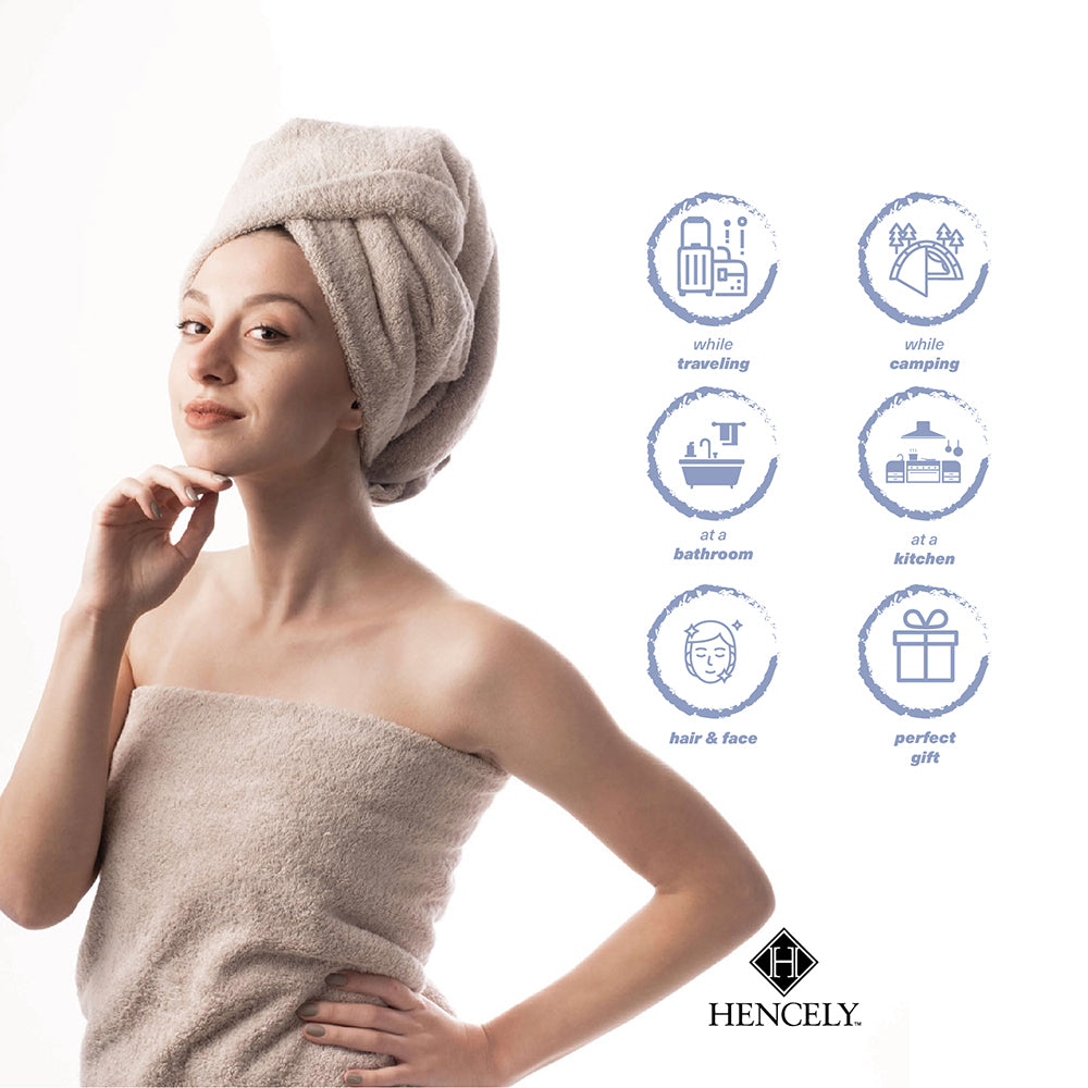 Woman wrapped in a beige Turkish cotton bath sheet with a matching towel on her head, next to icons showing versatile uses including travel, camping, bathroom, kitchen, hair and face, and gift option.