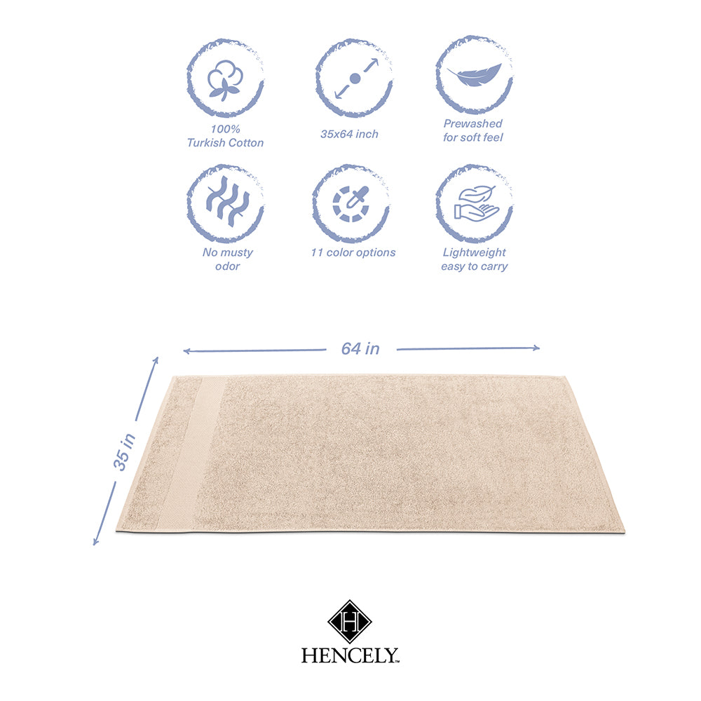 Infographic of a beige Turkish cotton bath sheet showing 35 x 64 inches size with icons highlighting 100% cotton, prewashed softness, no musty odor, 11 color options, and lightweight design.