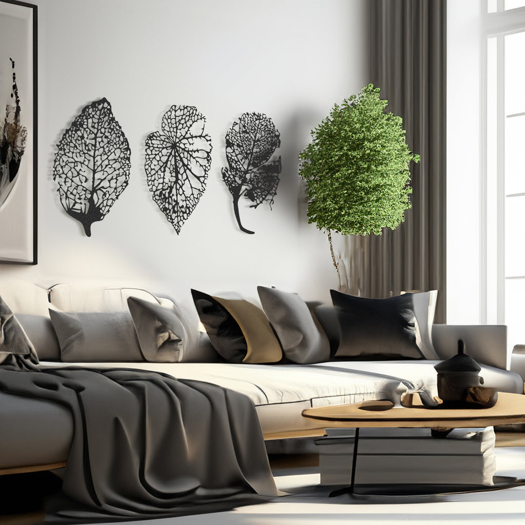 Black Leaf Trio Metal Wall Art – Modern 3-Piece Botanical Wall Hanging Set