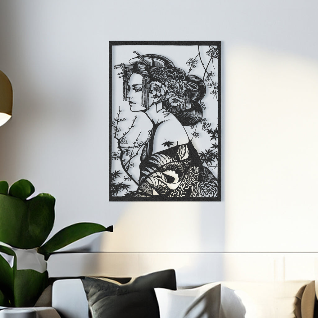 Minimalist geisha silhouette metal wall art for home décor