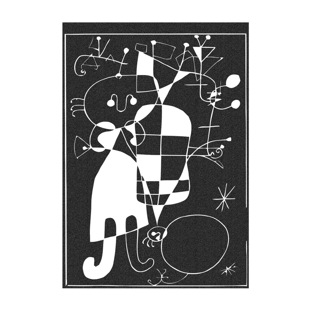 Surreal abstract line design in matte black metal wall art inspired by Joan Miró.