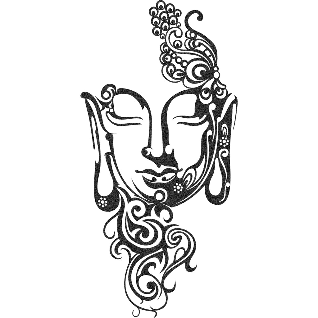 Close-up of Buddha Face Black Metal Wall Art with mandala details