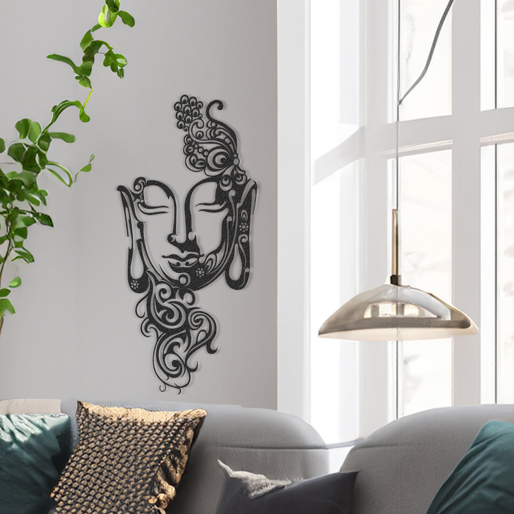 Buddha Face Black Metal Wall Art hanging in living room above sofa