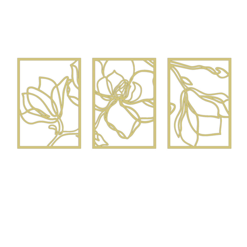 Close-up of gold floral line art wall decor panels with modern design.