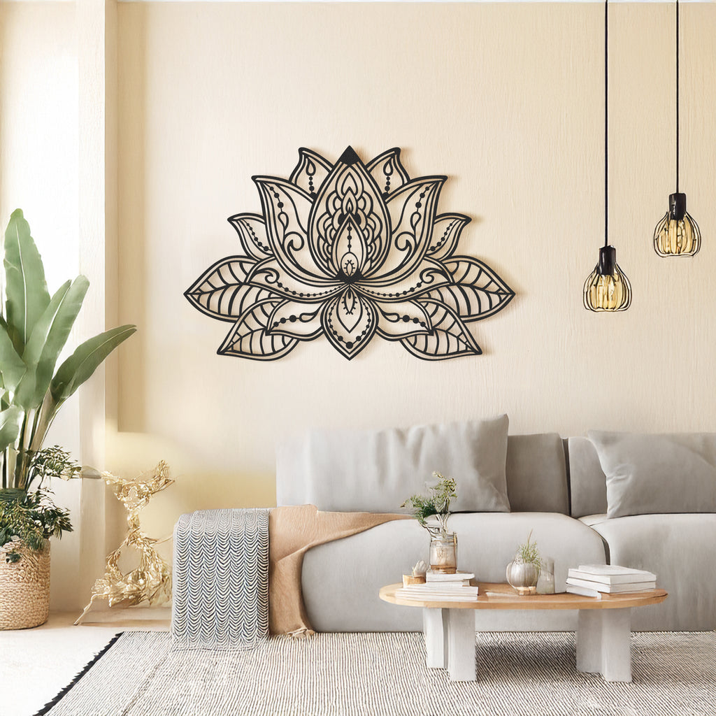 Floral mandala metal wall art in black lotus design hanging in modern living room
