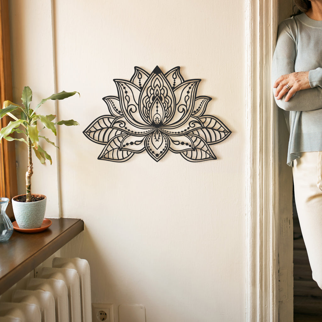 Floral mandala black metal wall art with multiple size options for home and office decor