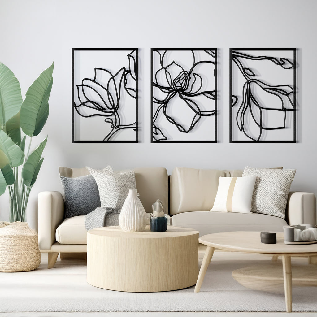 Modern living room with sofa and black floral metal wall art set of 3 panels