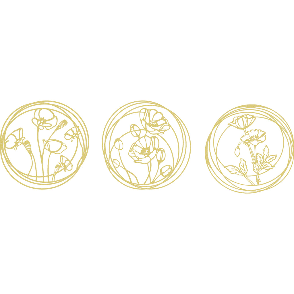 Close-up of gold floral round metal wall art panel with intricate design