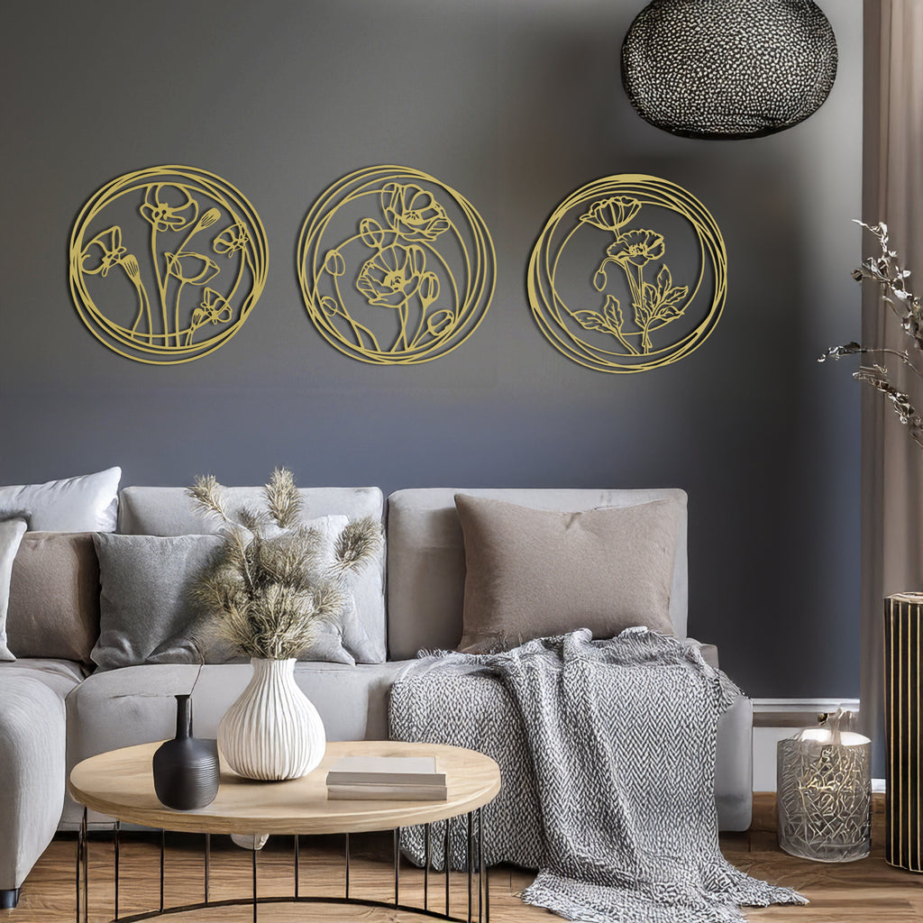 Living room with 3-piece gold floral round metal wall art above sofa
