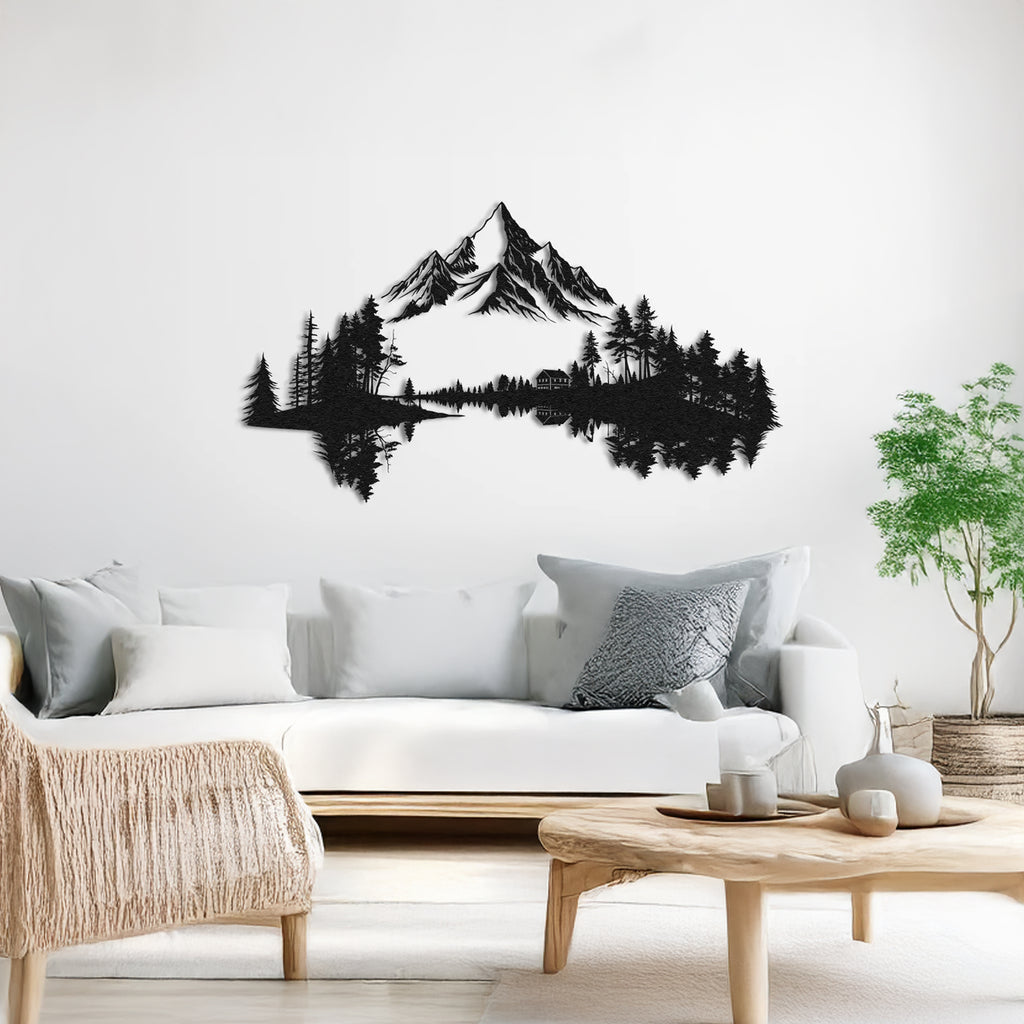 Rustic mountain and forest silhouette metal wall art for entryway console