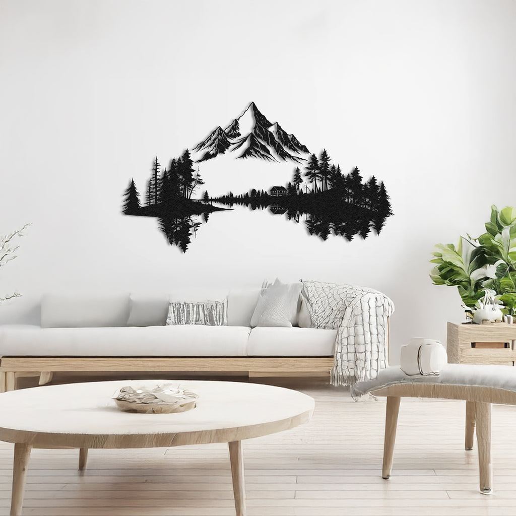 Oversized forest and mountain landscape metal wall art for living room