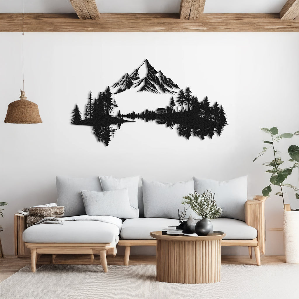 Forest & mountain metal wall art – nature landscape design in matte black