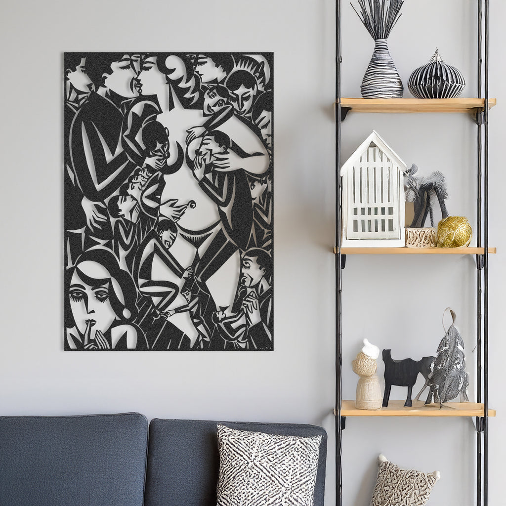 Frans Masereel black metal wall art displayed in modern living room – expressionist crowd scene