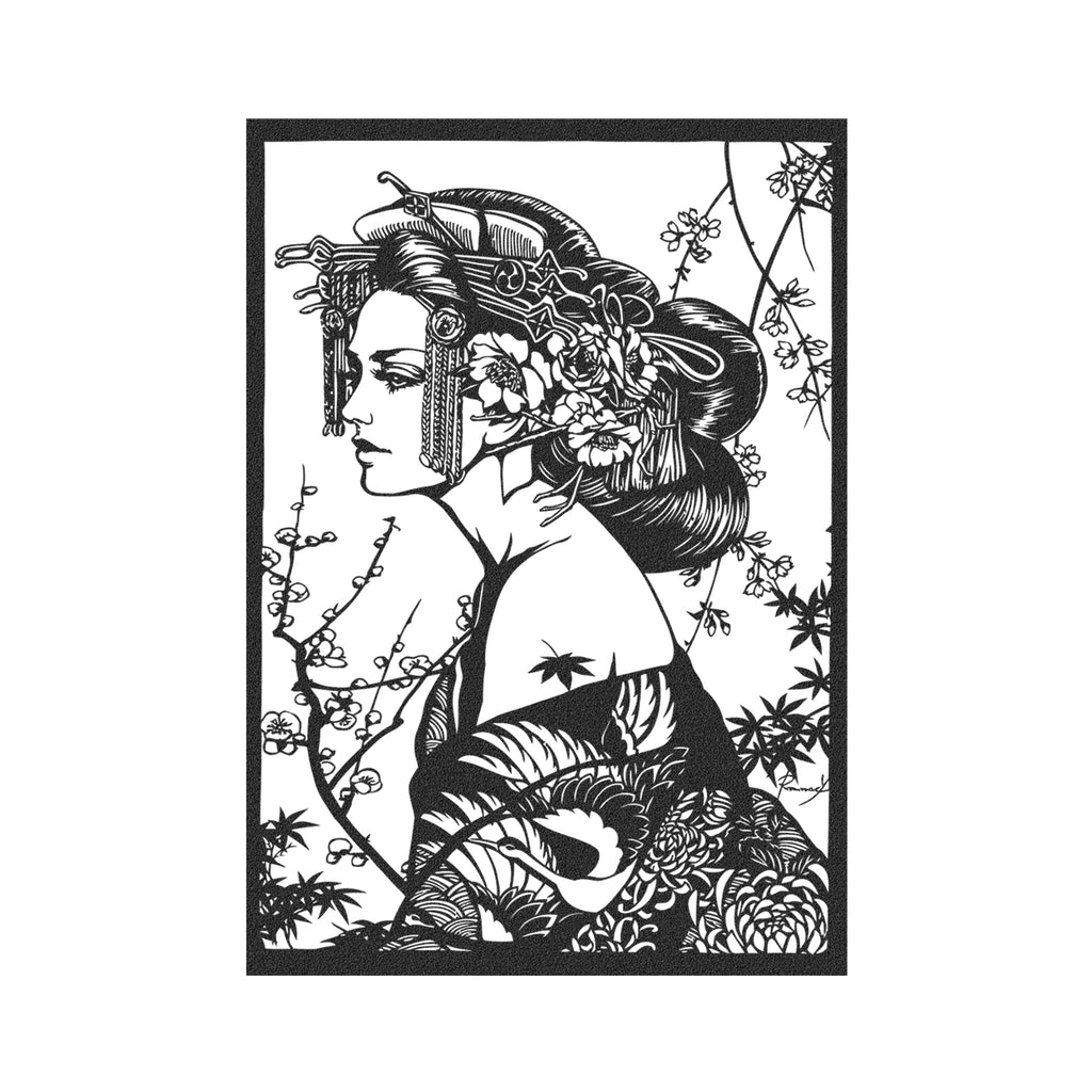 Japanese-inspired geisha wall art with floral detailing