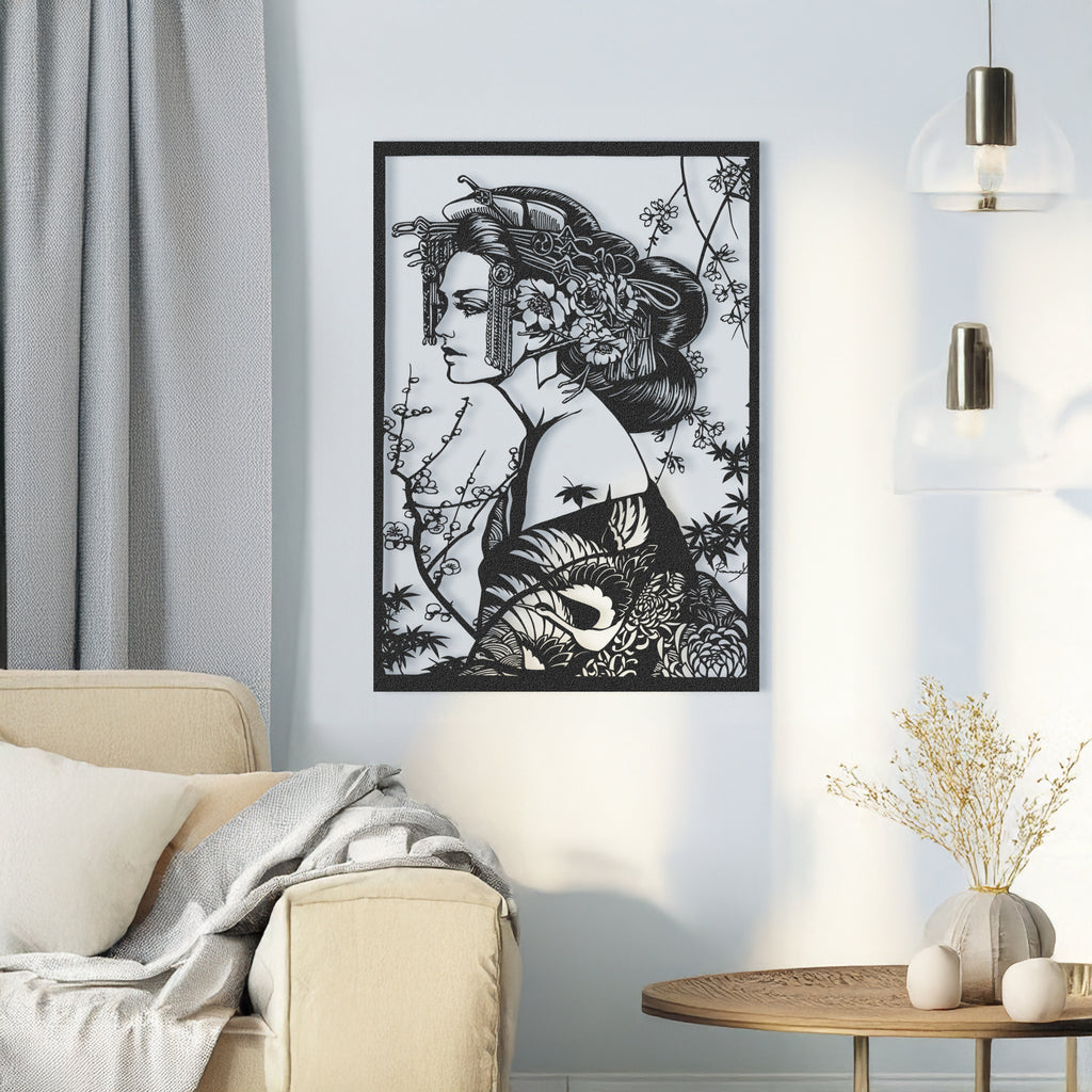Geisha silhouette metal wall art hanging in modern living room