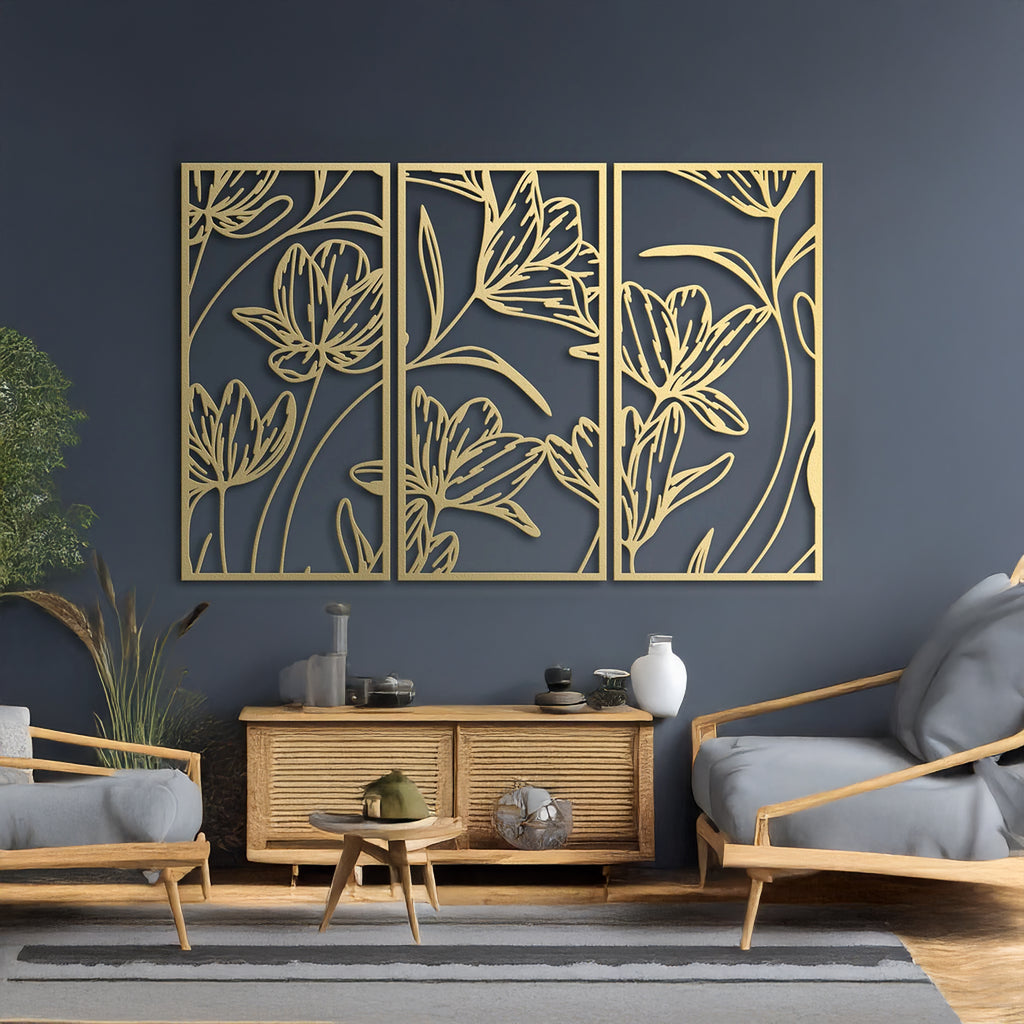 Gold floral metal wall art panels styled on outdoor patio wall
