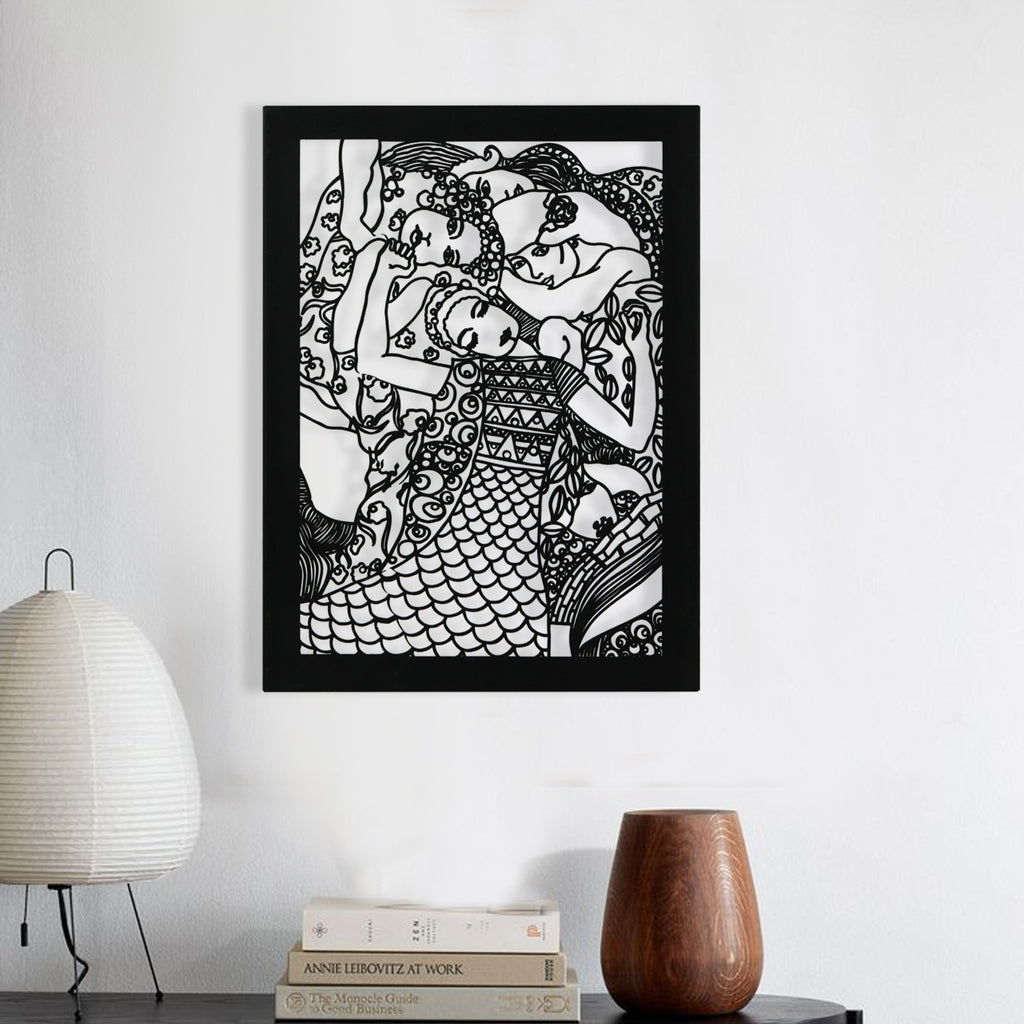 Modern interior with Gustav Klimt "The Virgins" black silhouette wall art