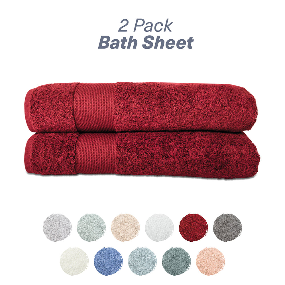 A set of two folded red burgundy bath sheets with a label indicating '2 Pack Bath Sheet'. Below the image, a color palette shows various solid colors available for the product.