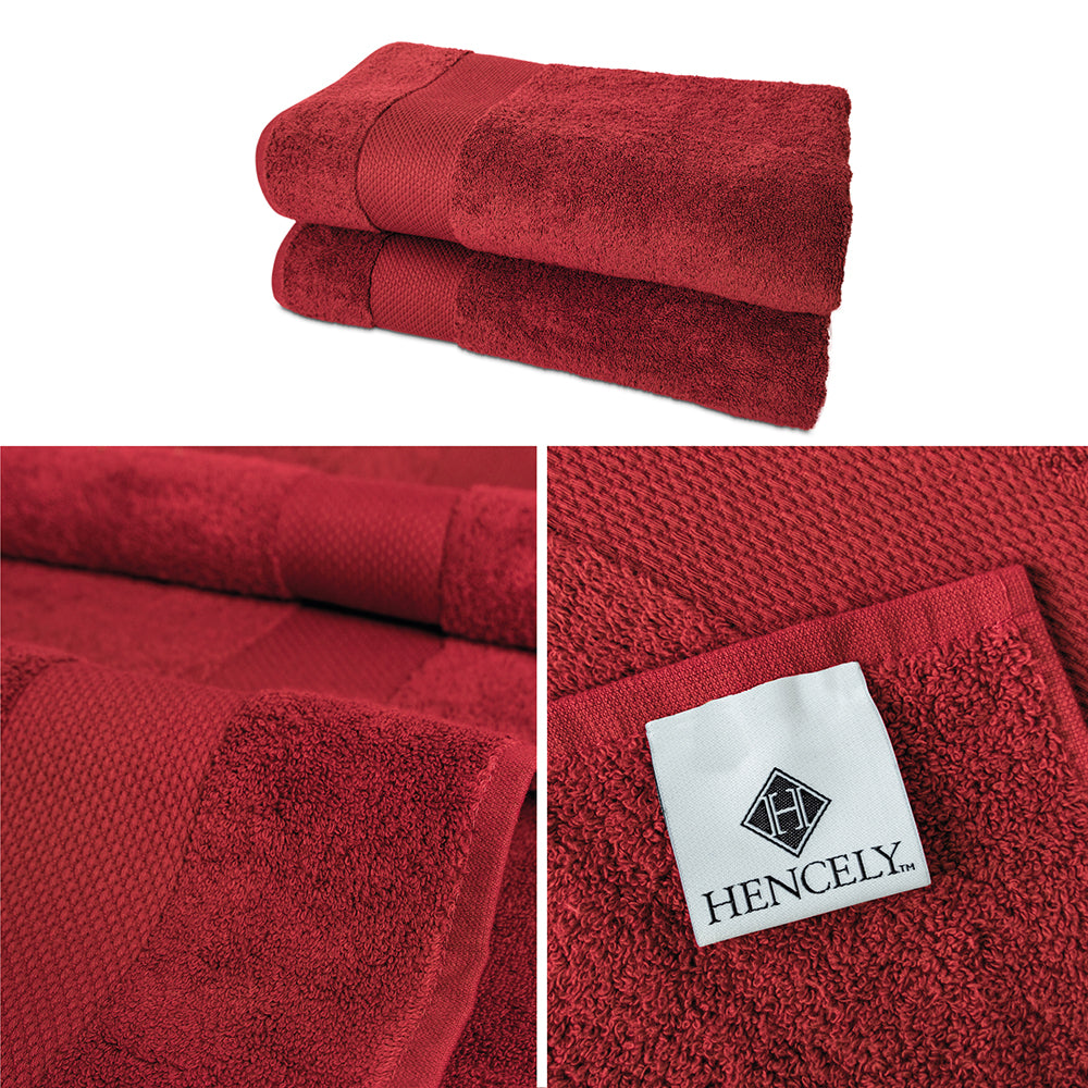 Two-pack Hencely burgundy bath sheets made from 100% Turkish cotton with close-up detail of texture and label