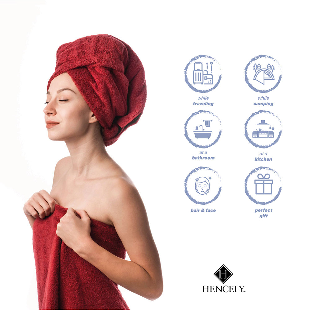 Woman wrapped in a burgundy Hencely bath sheet with towel on head, showcasing multiple uses including travel, camping, bathroom, kitchen, and gifting