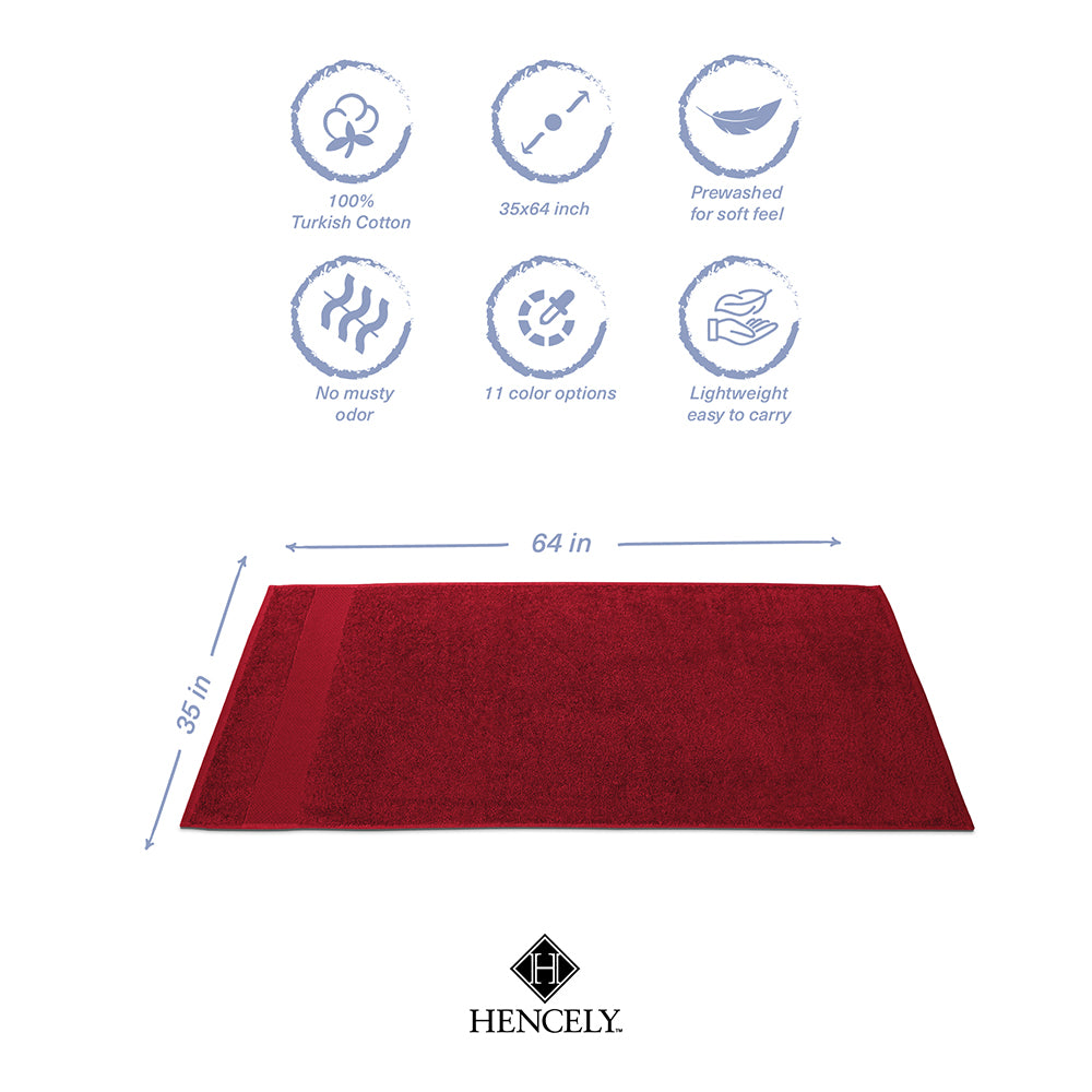 Burgundy Hencely bath sheet size chart 35x64 inches with icons showing Turkish cotton, prewashed softness, odor-free, multiple colors, and lightweight design
